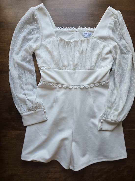 bebe Pants - Bebe White Lace Trim Romper Small Sheer Sleeve Cottagecore Babydoll Playsuit